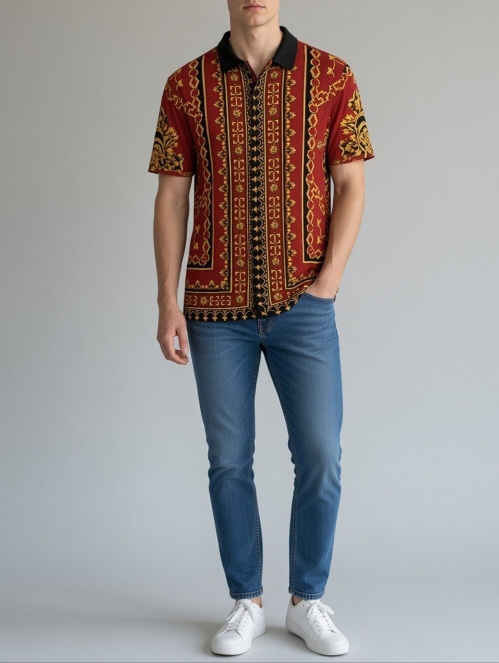 PacSun Men’s Red & Gold Patterned Short-Sleeve Shirt Size L Old Money Boho Retro